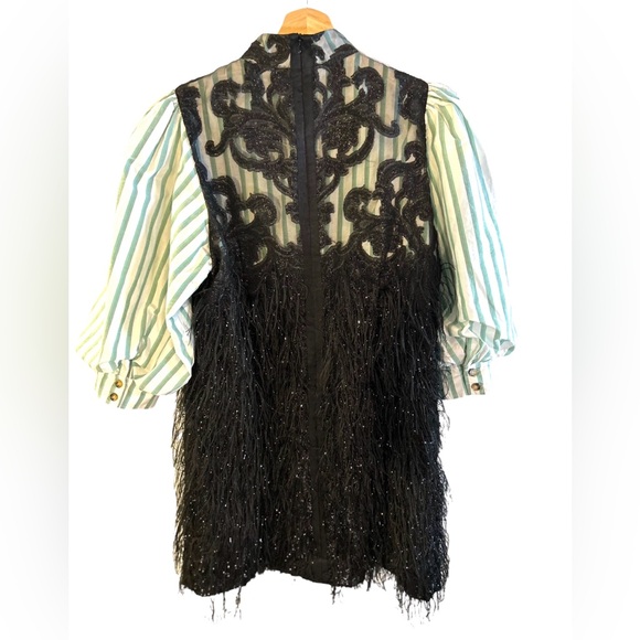 GANNI  Feathery Metallic Balloon Sleeve Minidress In Black,green,white in Sz L - Picture 3 of 7